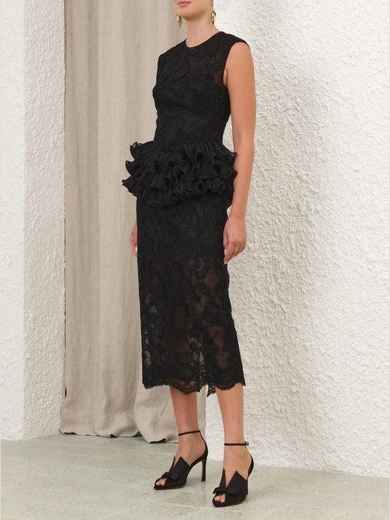 Crush lace frill midi dress