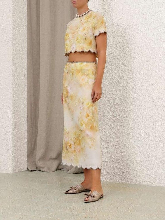 Crush scalloped midi skirt