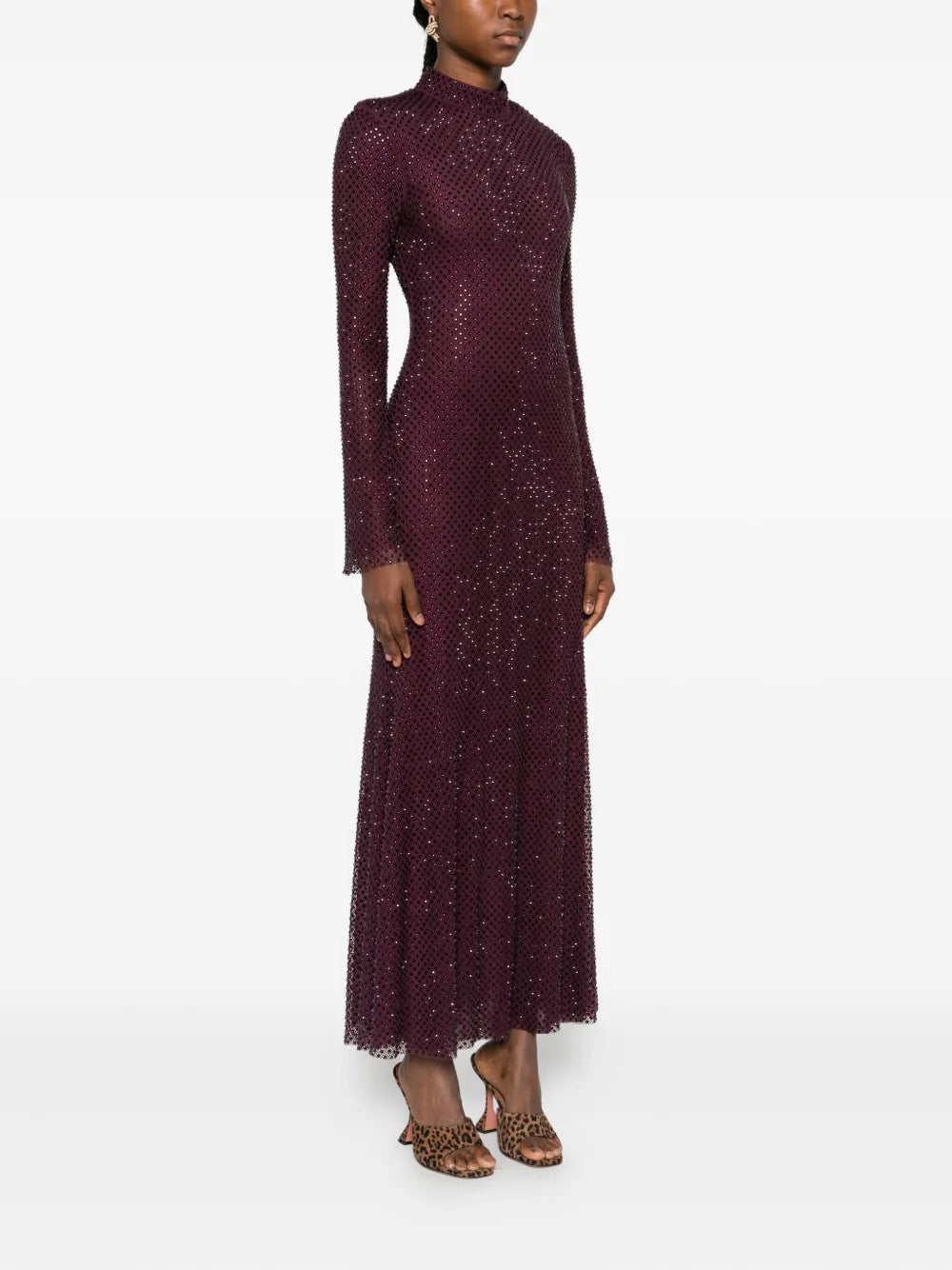 BURGUNDY RHINESTONE FISHNET MIDI DRESS