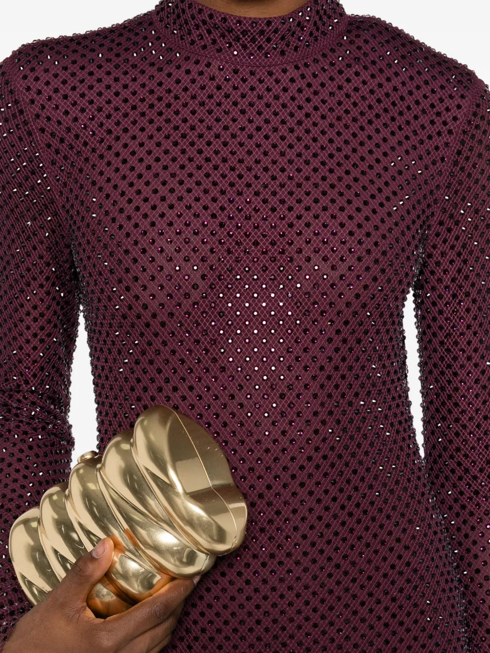 BURGUNDY RHINESTONE FISHNET MIDI DRESS