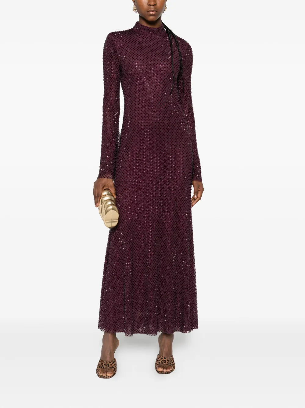 BURGUNDY RHINESTONE FISHNET MIDI DRESS