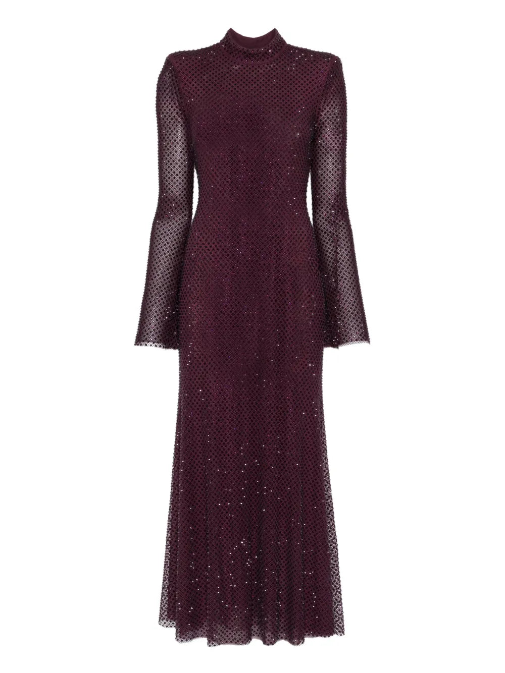 BURGUNDY RHINESTONE FISHNET MIDI DRESS