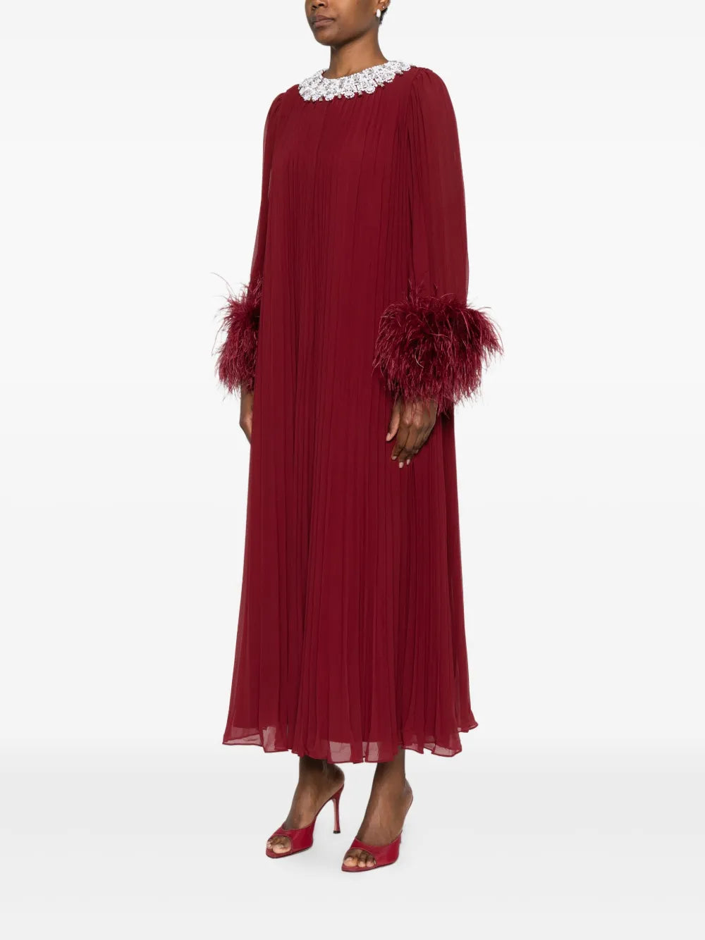 BURGUNDY CHIFFON FEATHER MIDI DRESS