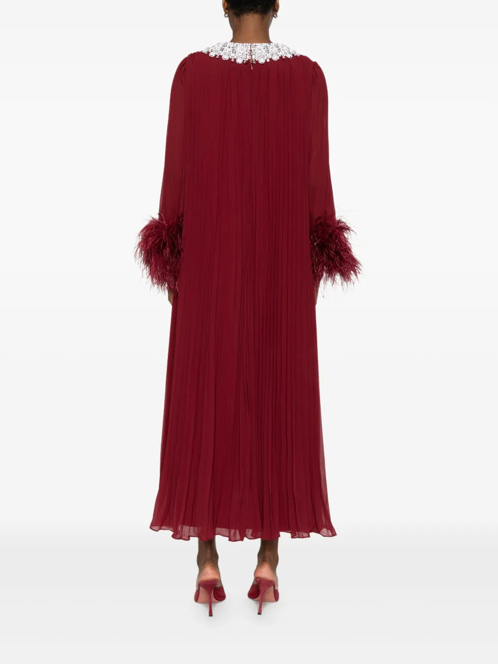 BURGUNDY CHIFFON FEATHER MIDI DRESS