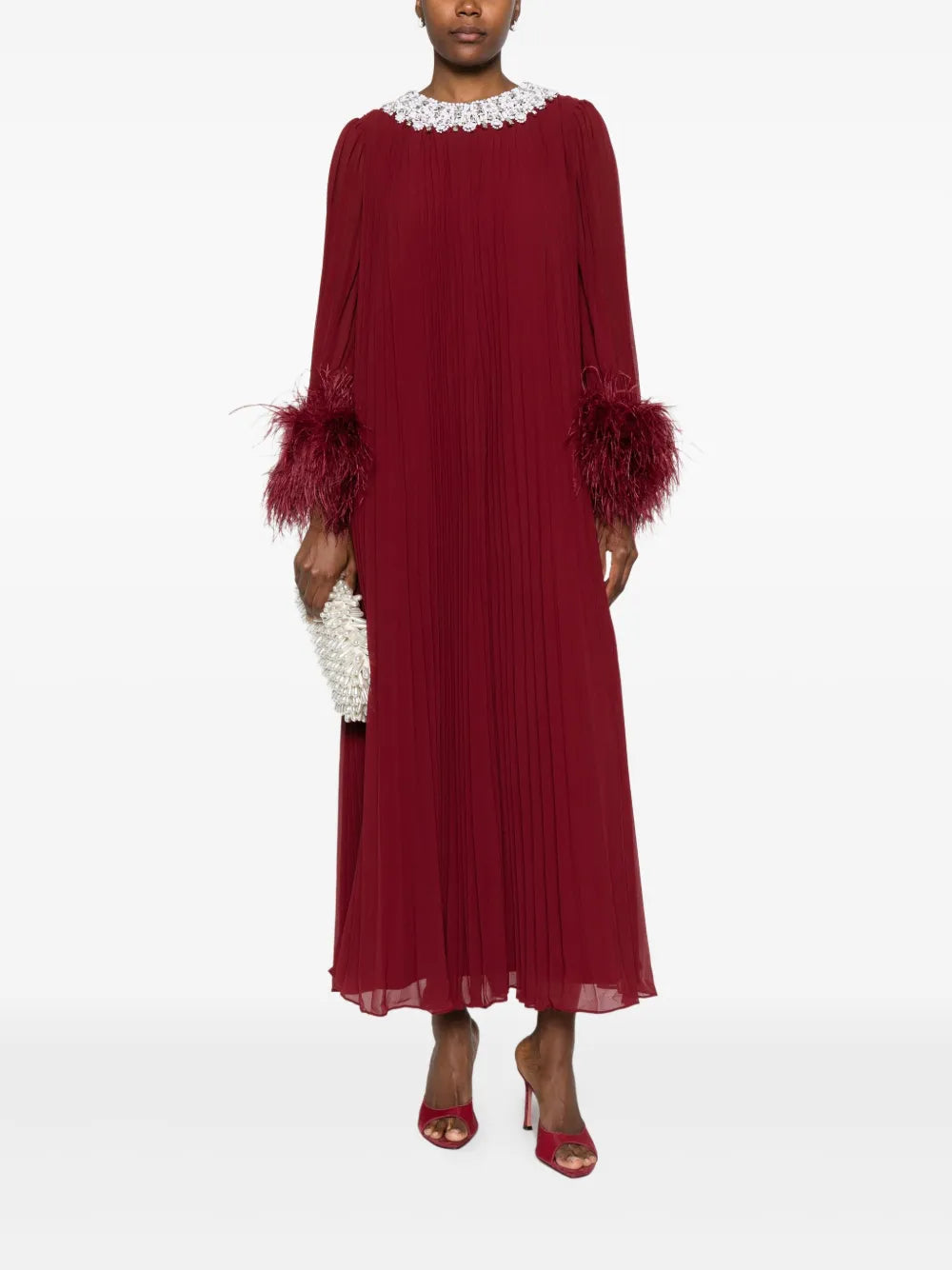 BURGUNDY CHIFFON FEATHER MIDI DRESS