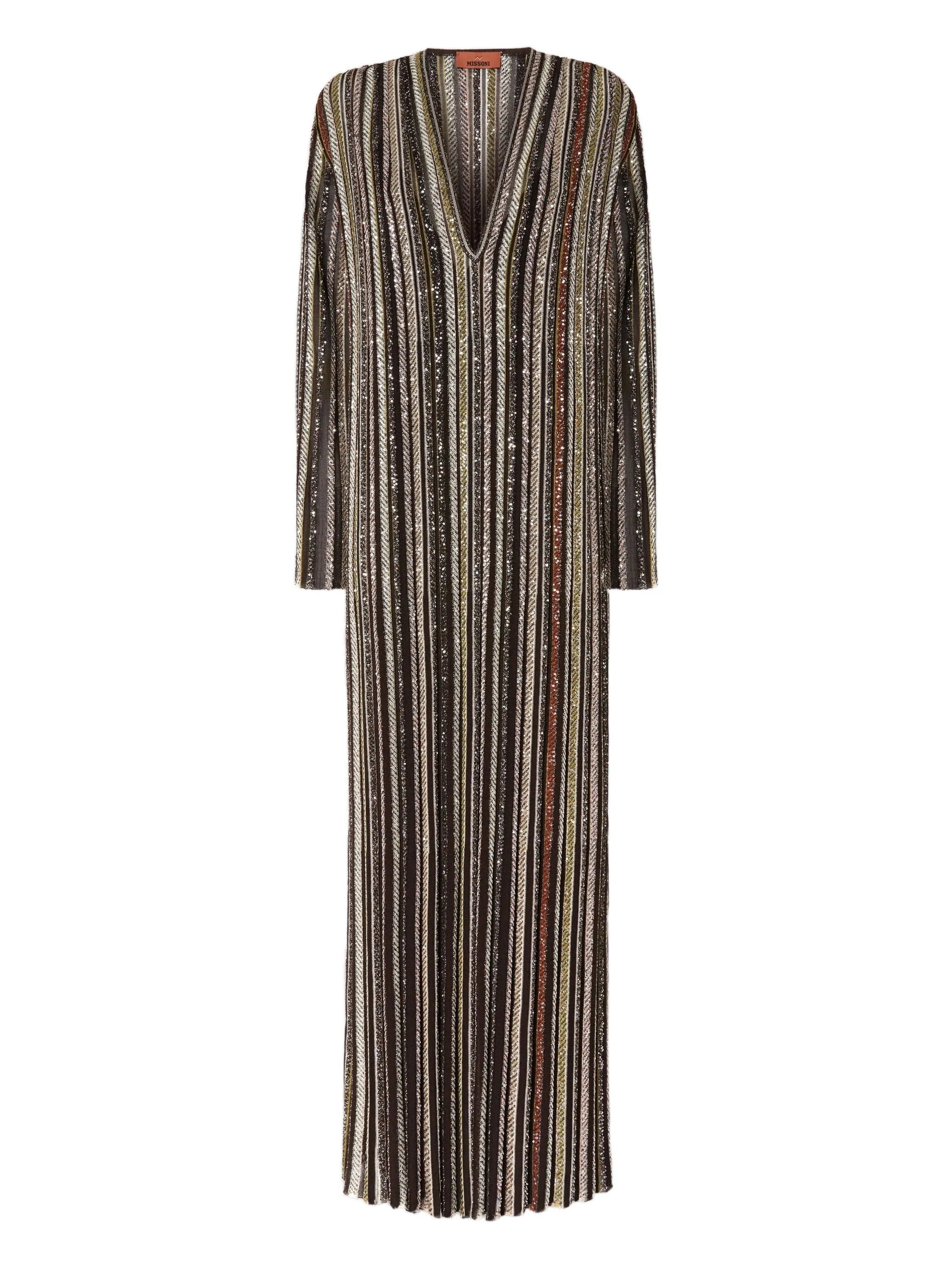 Long dress with v-neck and herringbone stripe knit