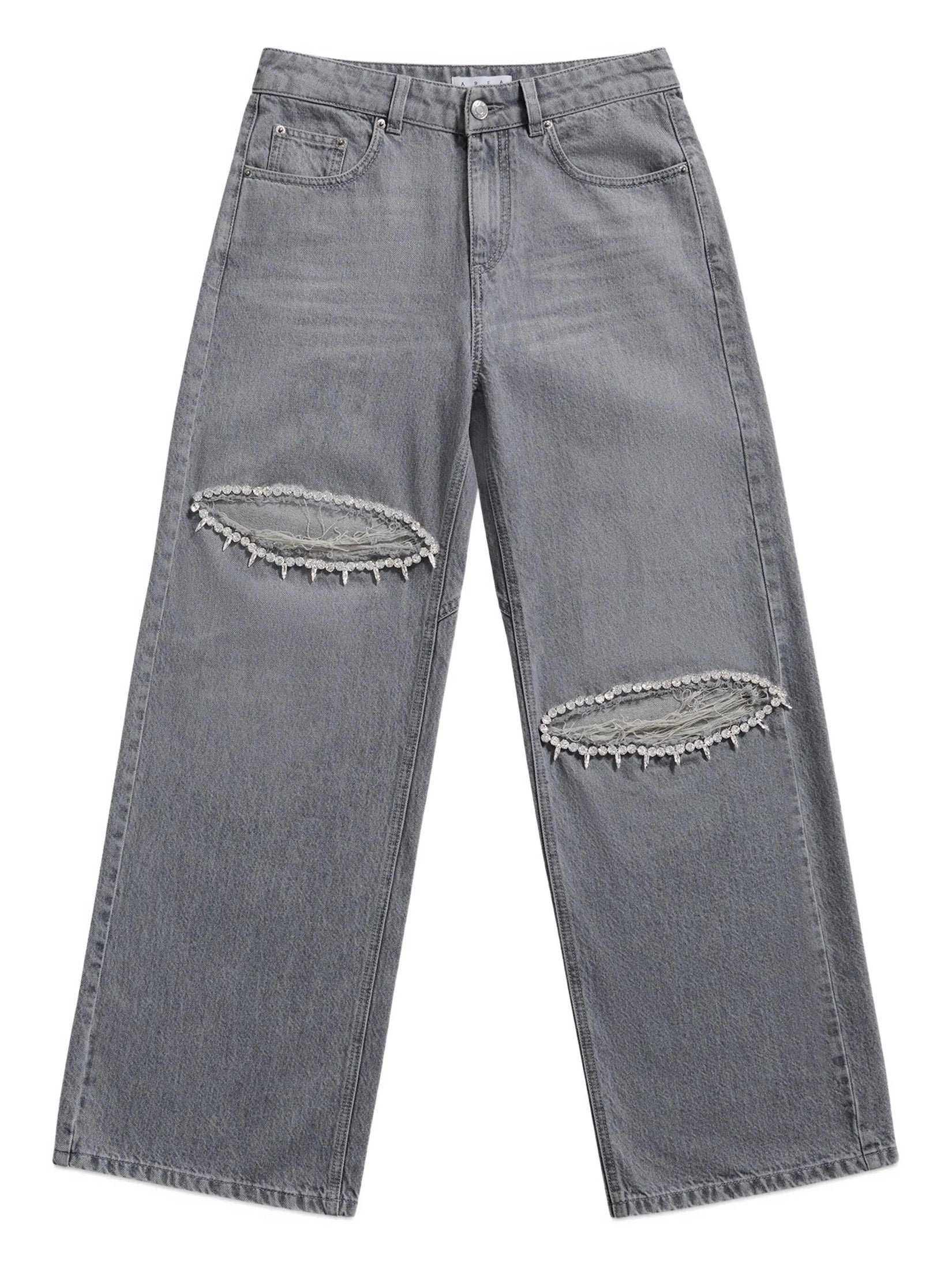 Distressed crystal relaxed slit jean