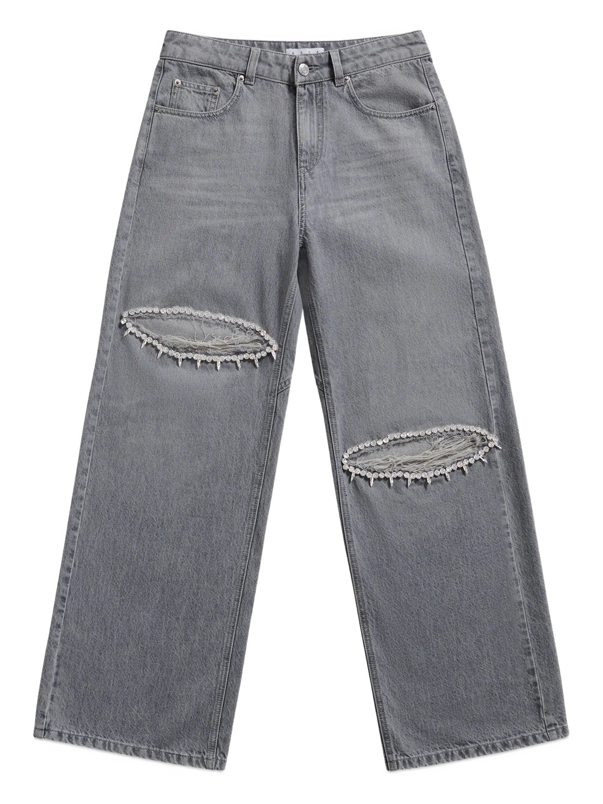 Distressed crystal relaxed slit jean