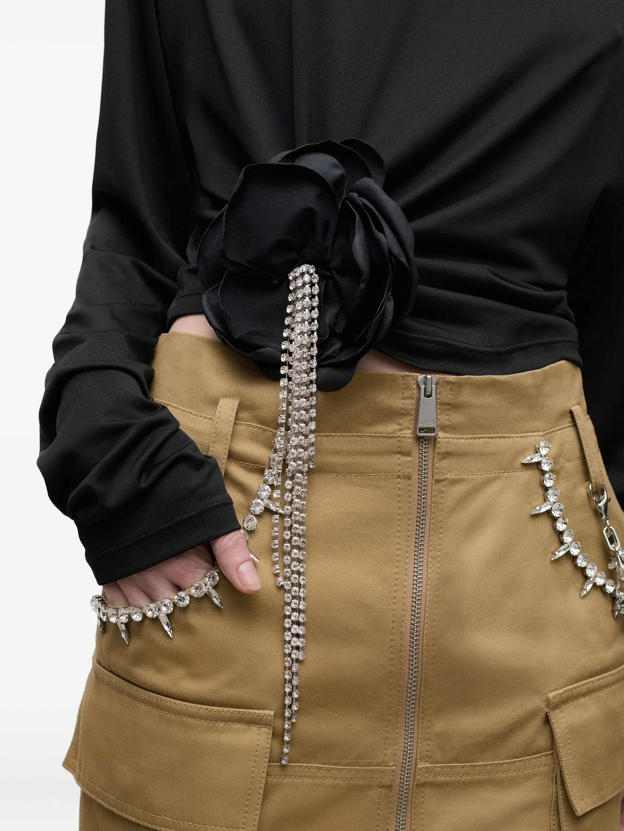 Crystal flower draped long sleeve top