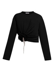 Crystal flower draped long sleeve top