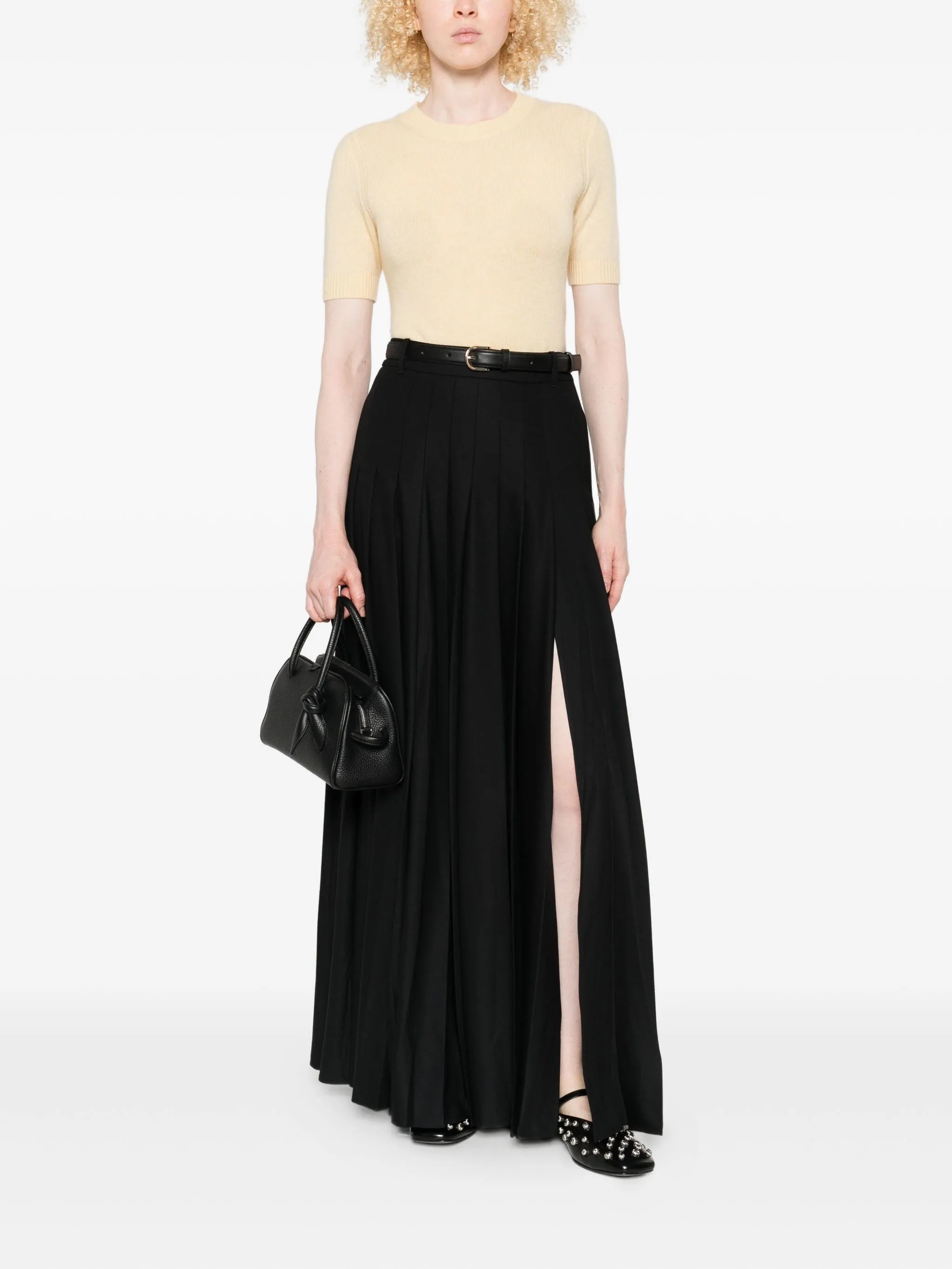 BLACK PLEATED TWILL MAXI SKIRT