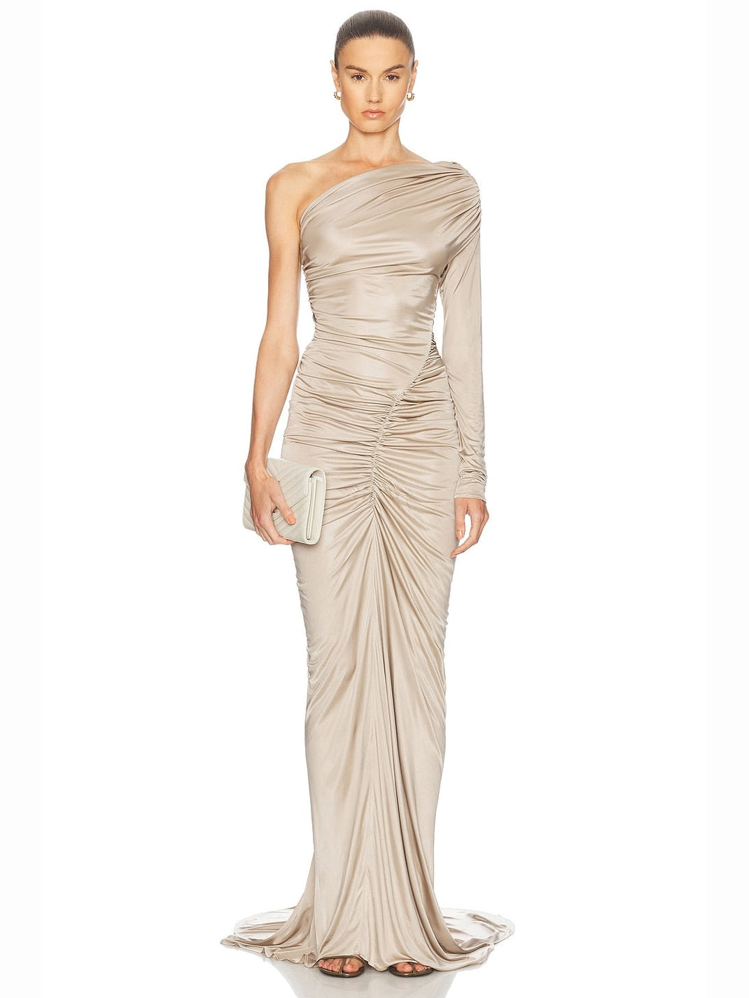 One sleeve ruched gown