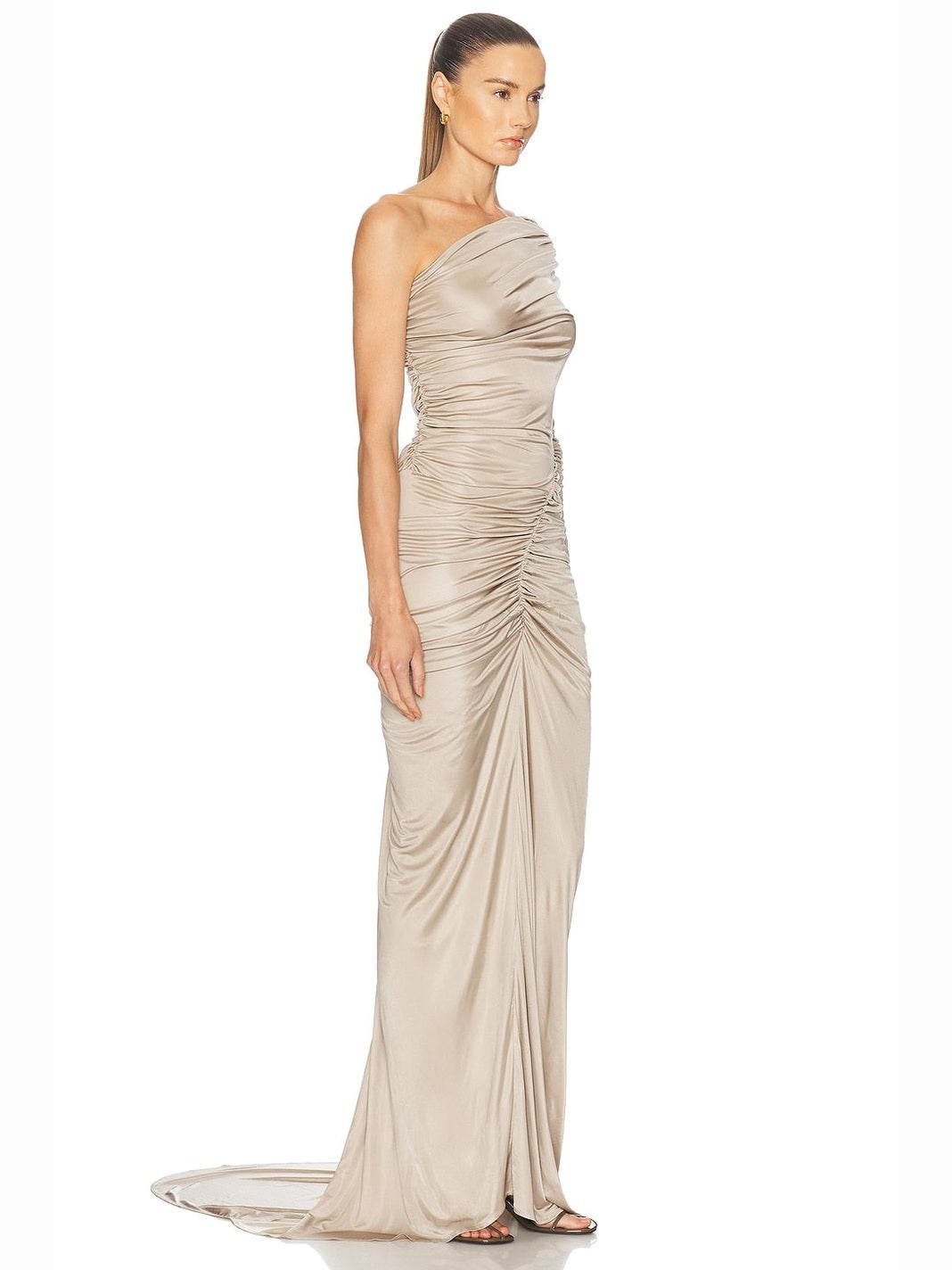 One sleeve ruched gown