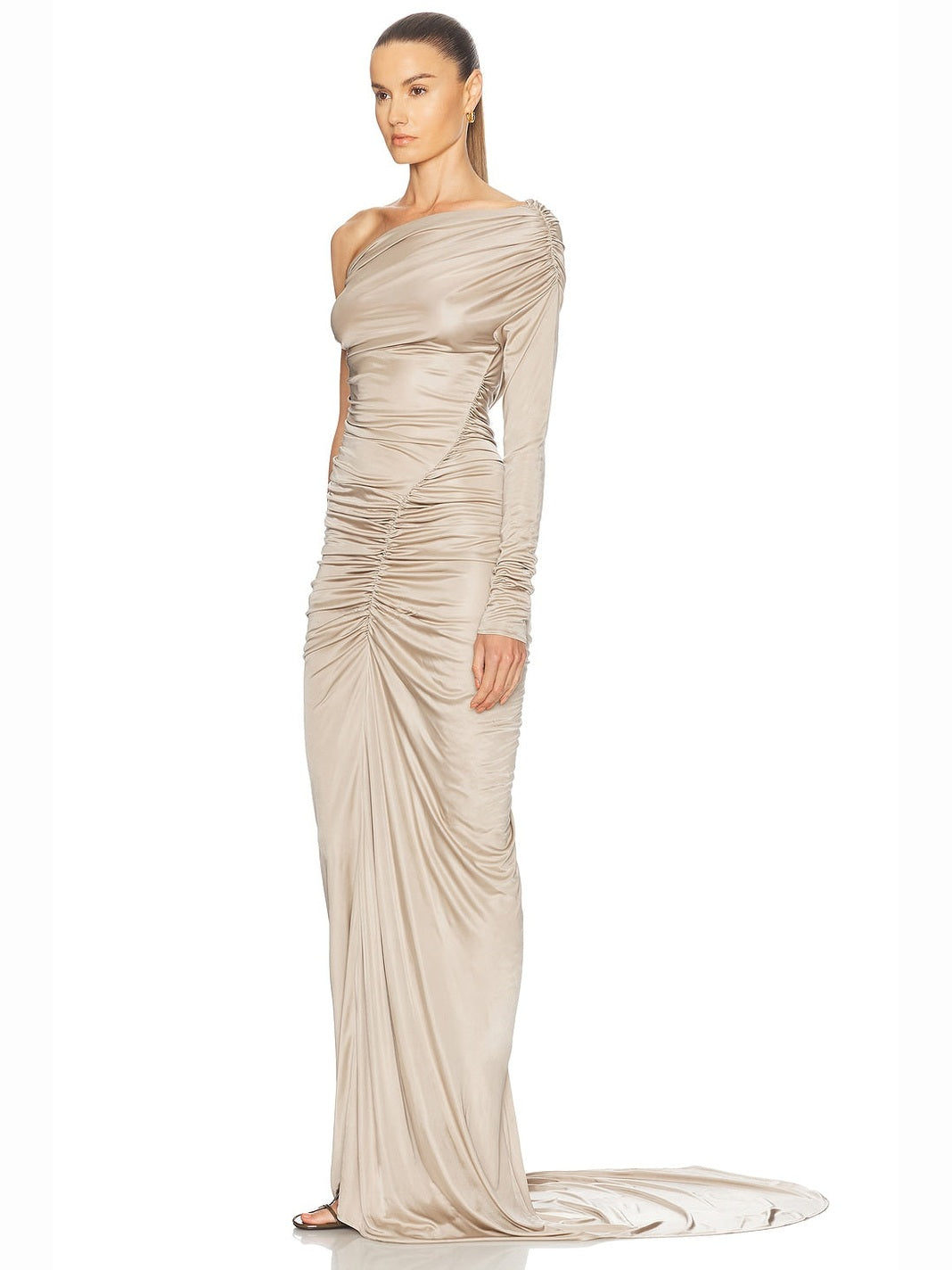 One sleeve ruched gown
