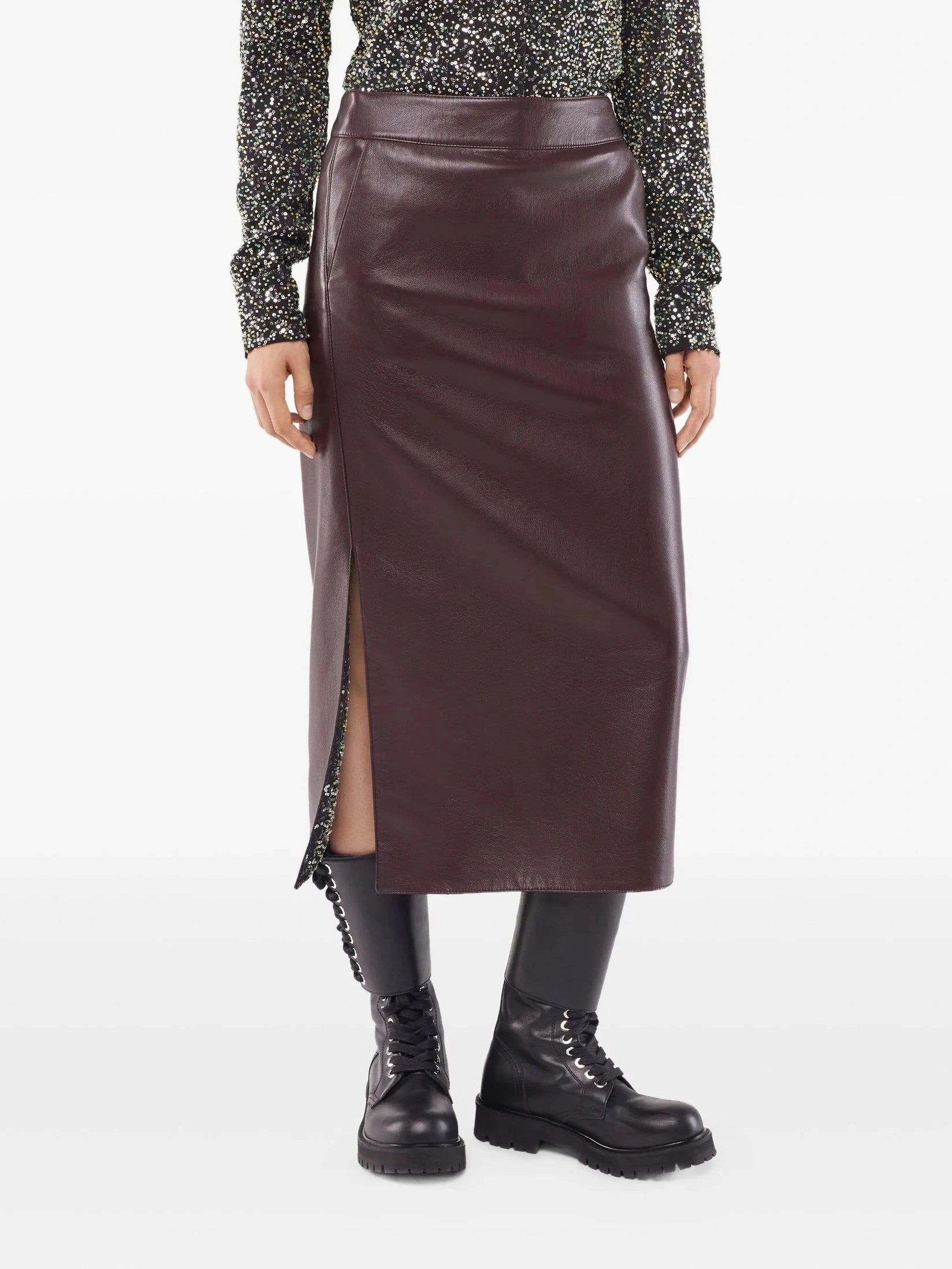 Belted Leather Split Midi Skirt