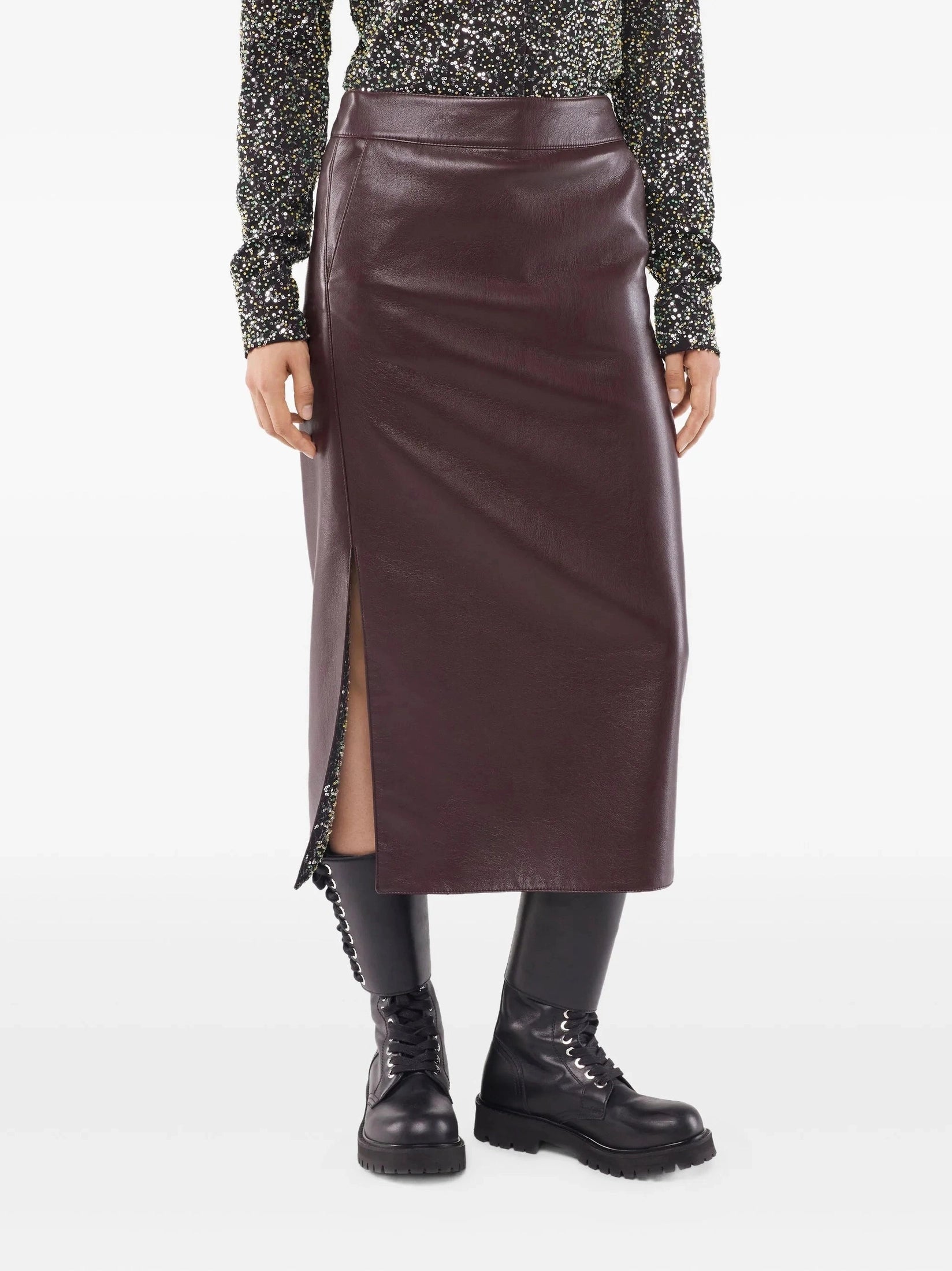 Belted Leather Split Midi Skirt