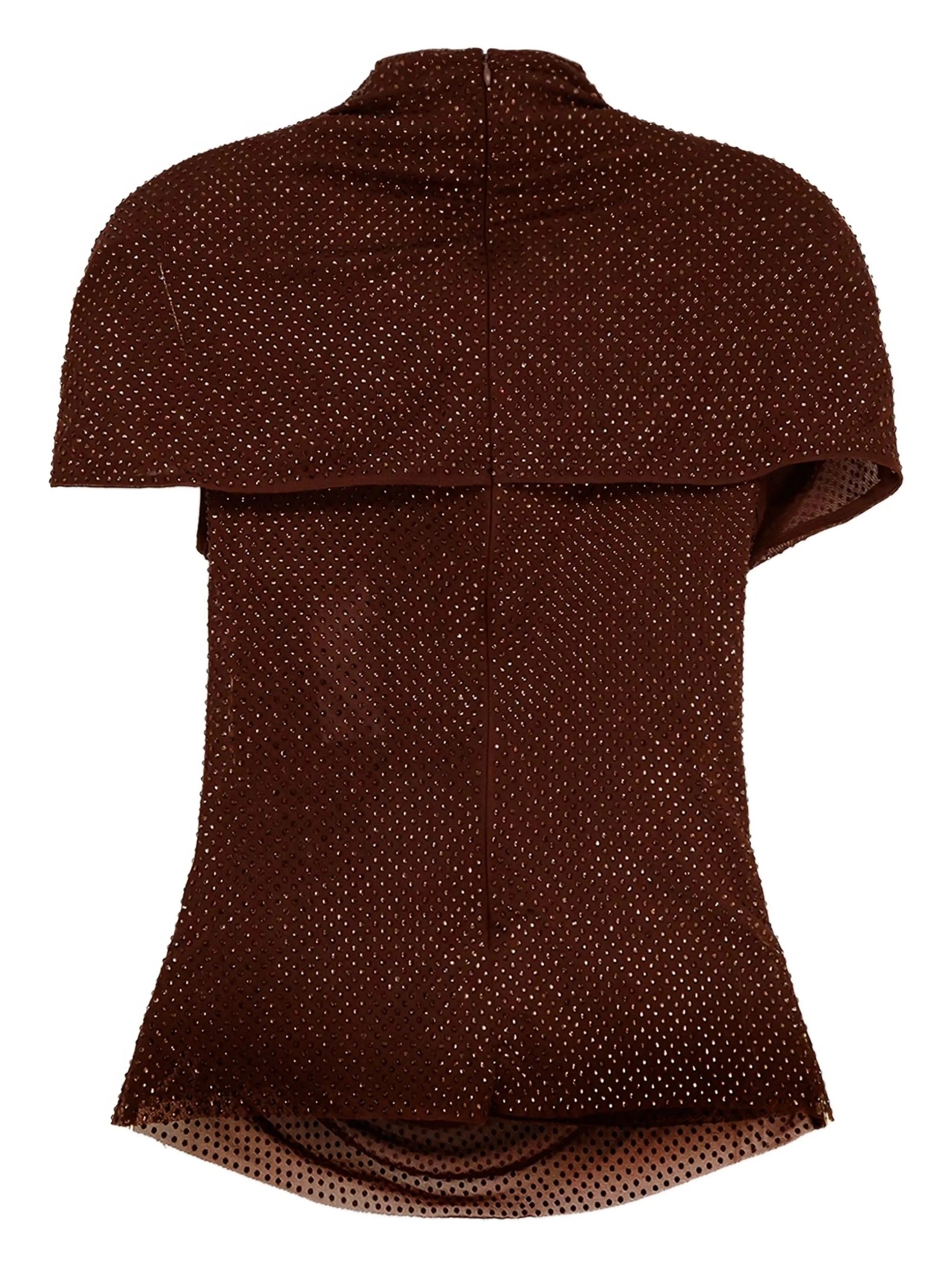 Brown rhinestone mesh cut out top