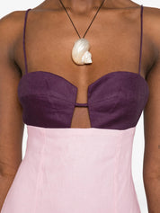 Fitted bodice midi dress featuring a straight skirt and thin straps