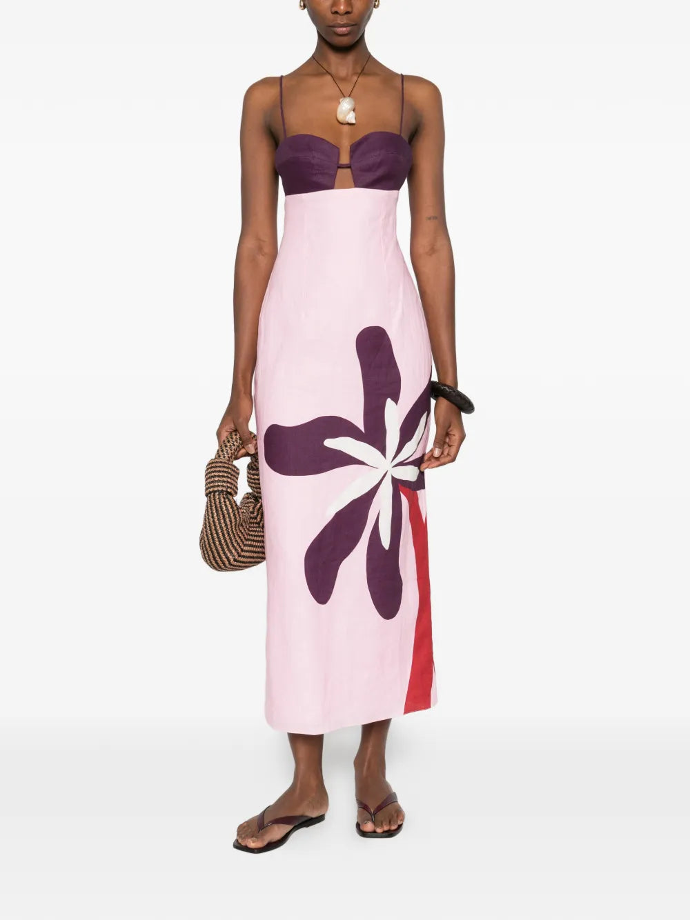 Fitted bodice midi dress featuring a straight skirt and thin straps