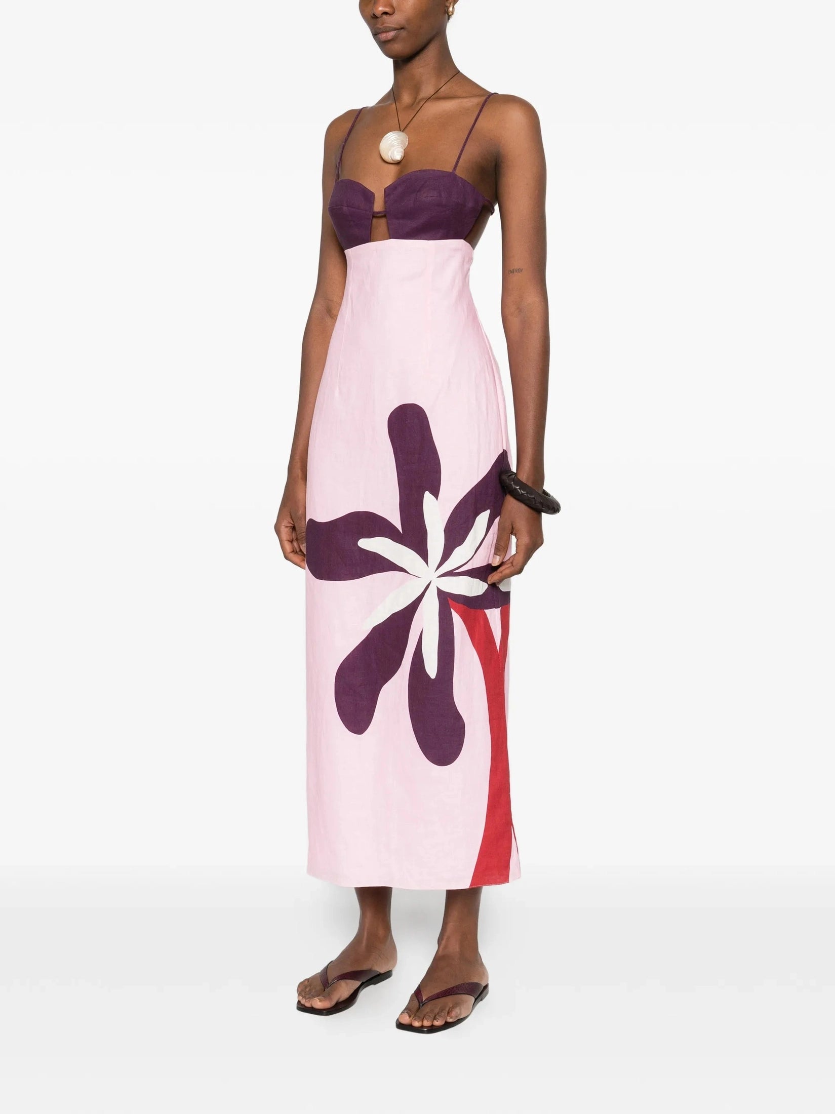 Fitted bodice midi dress featuring a straight skirt and thin straps