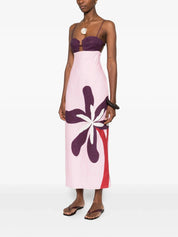 Fitted bodice midi dress featuring a straight skirt and thin straps