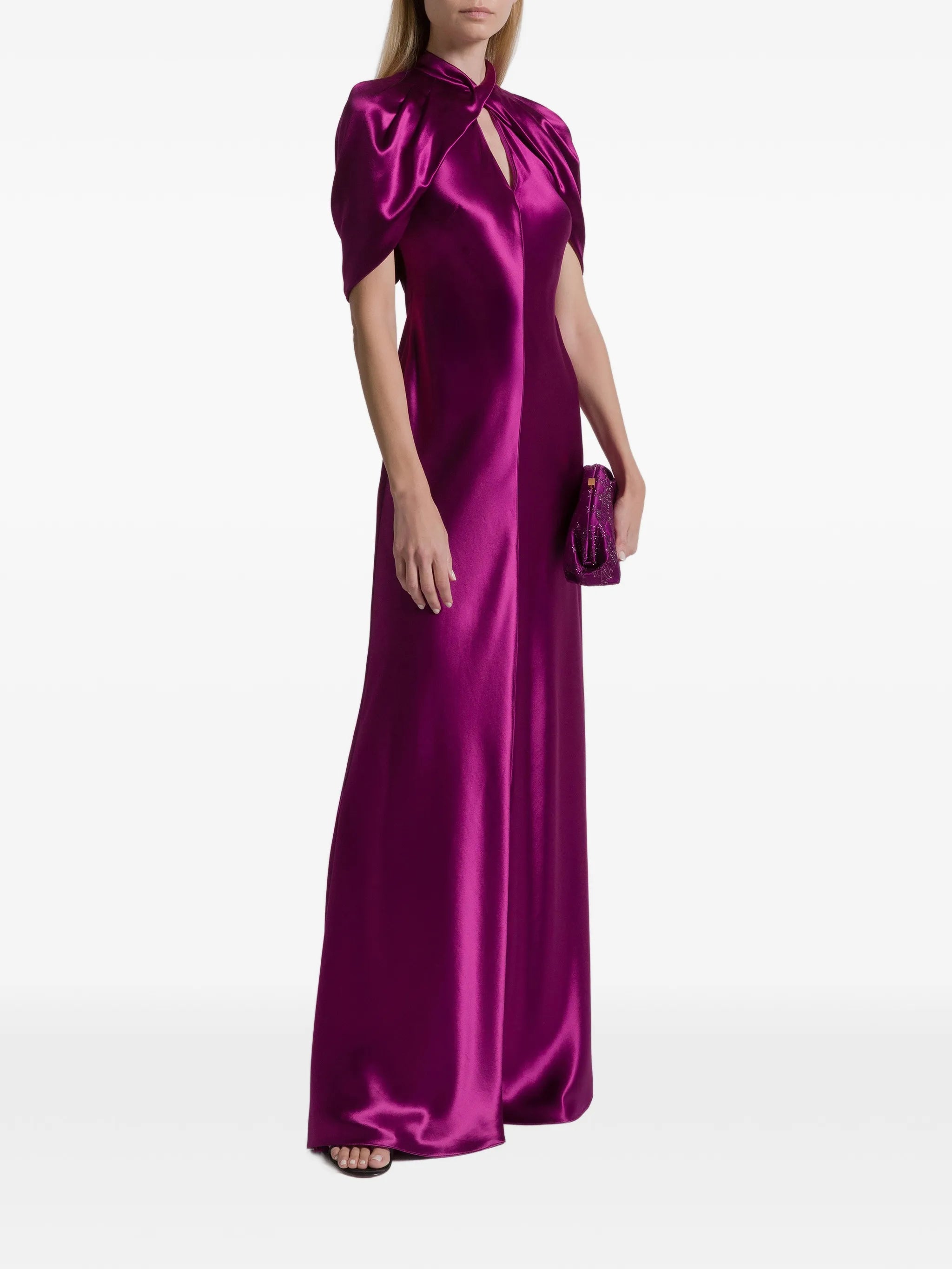 Satin evening dress with cape sleeves