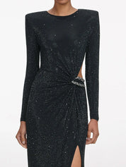 BLACK RHINESTONE EMBELLISHED MAXI DRESS