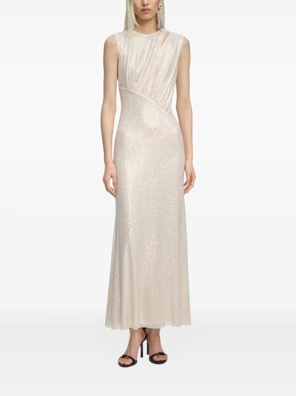 CHAMPAGNE RHINESTONE CUT OUT MIDI DRESS