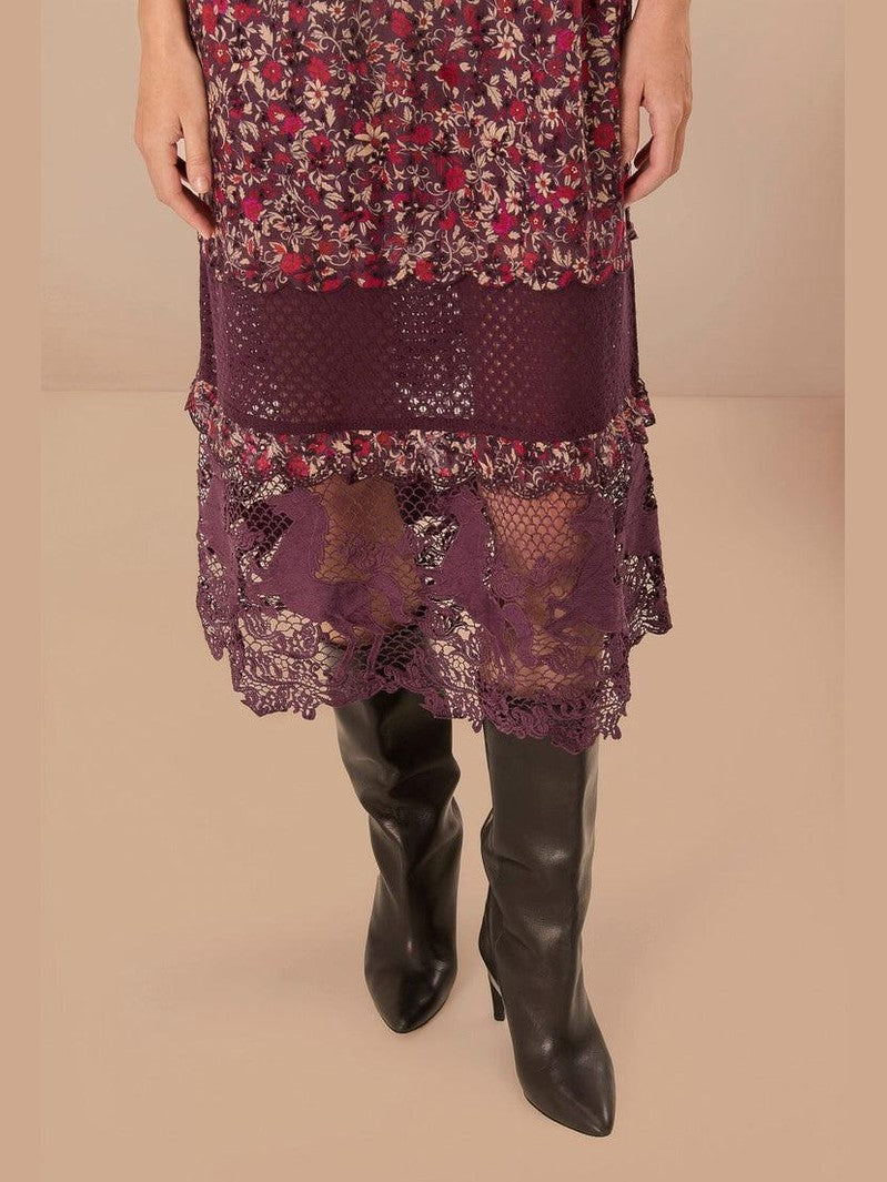 Purple chelsea garden embroidered lace midi dress