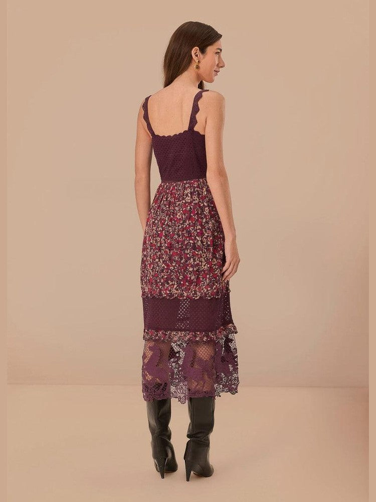 Purple chelsea garden embroidered lace midi dress