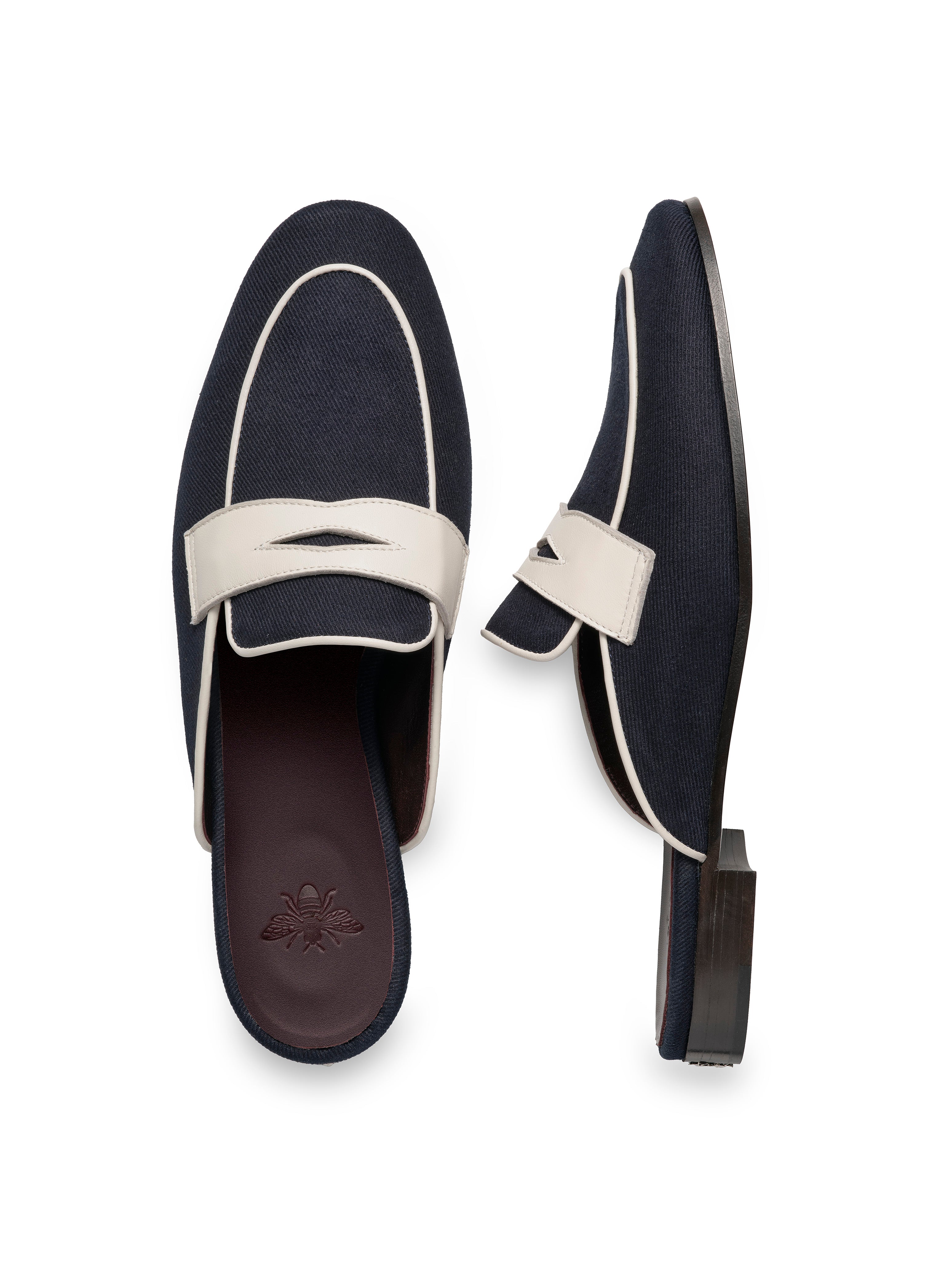 BLUE COTTON AND PORCELAINE LEATHER SLIPPERS