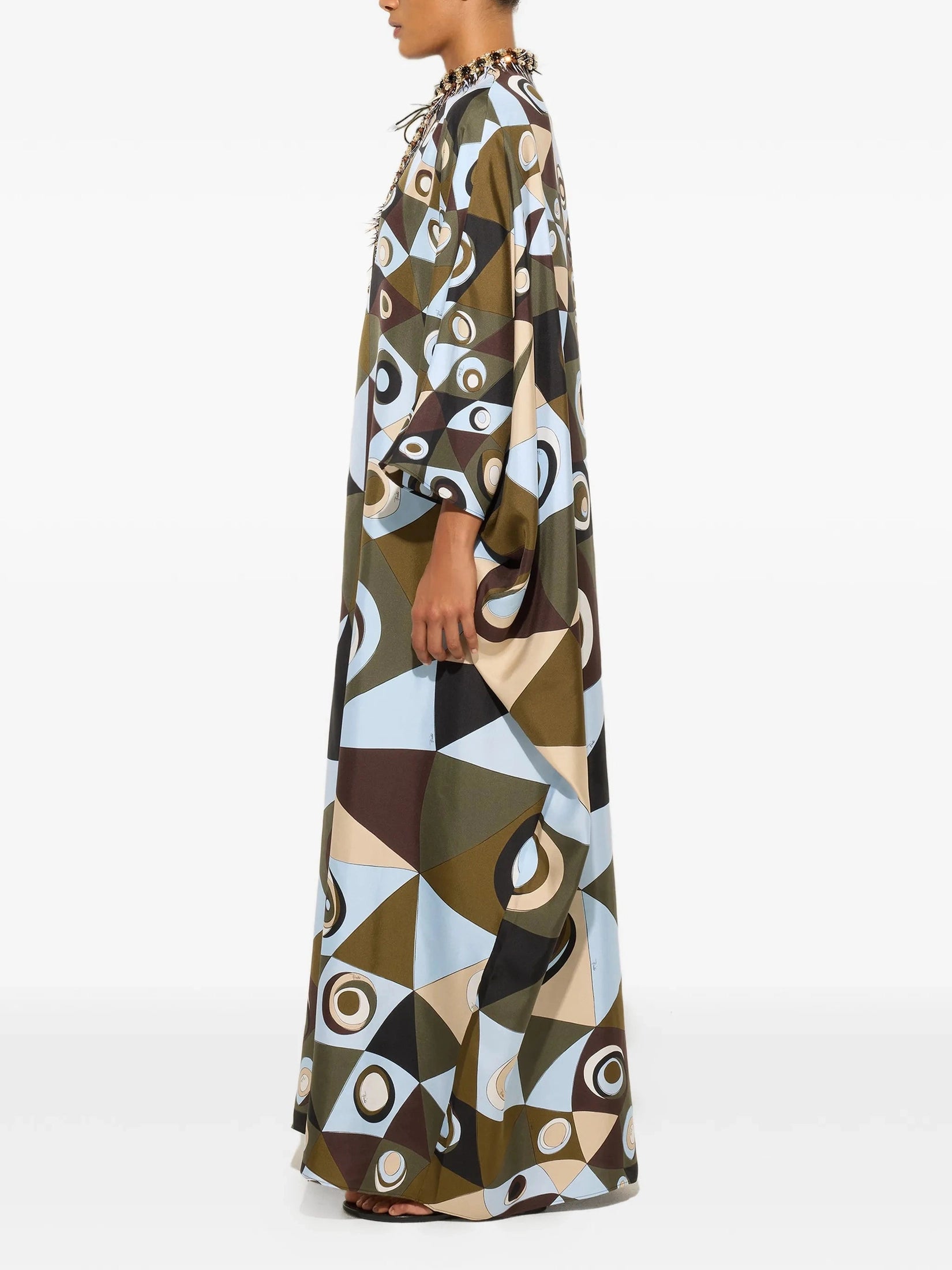 Occhi print silk kaftan with embroidery