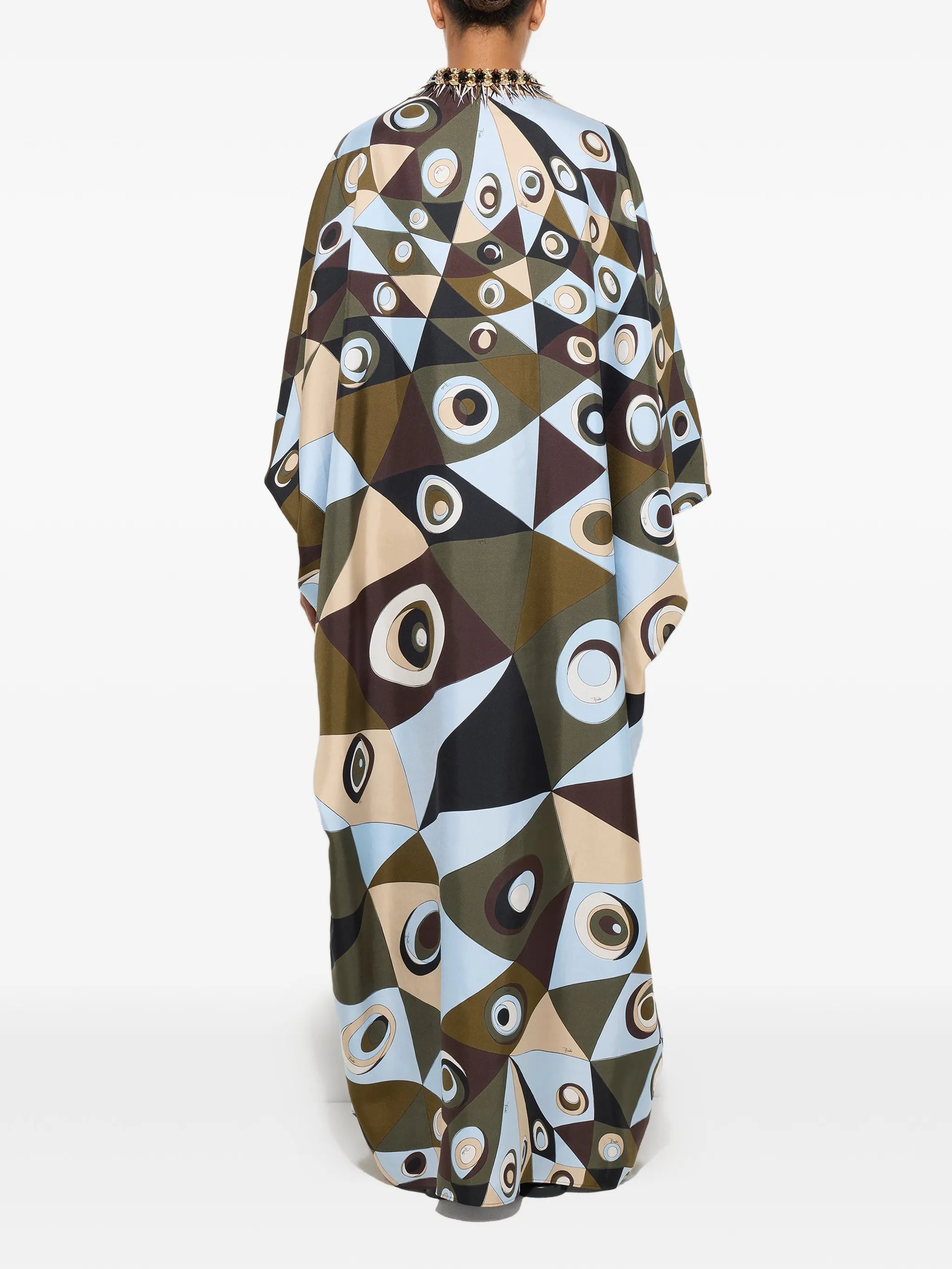 Occhi print silk kaftan with embroidery