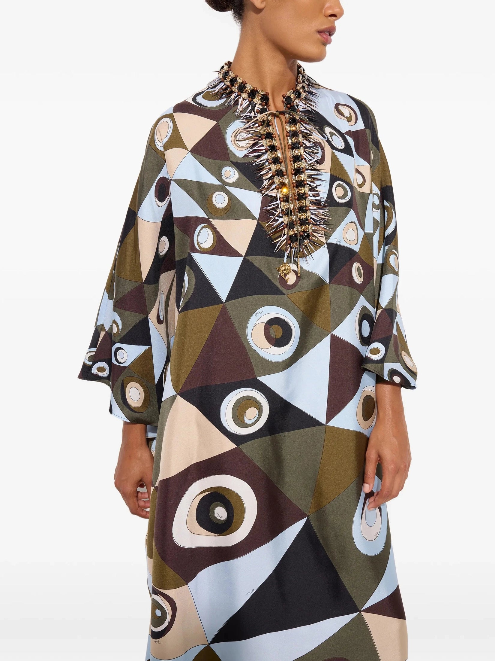 Occhi print silk kaftan with embroidery