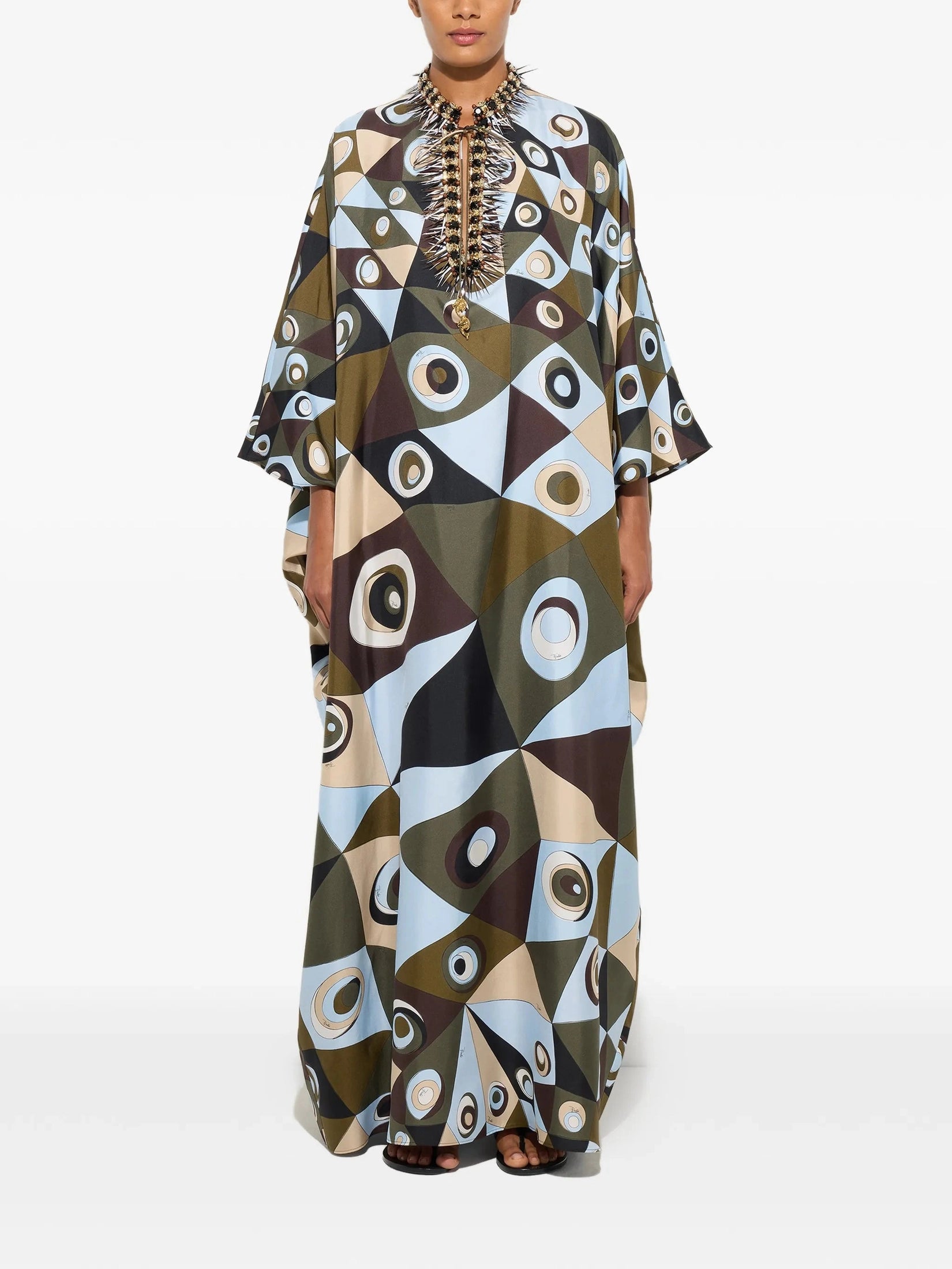 Occhi print silk kaftan with embroidery