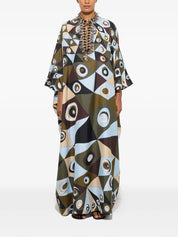 Occhi print silk kaftan with embroidery