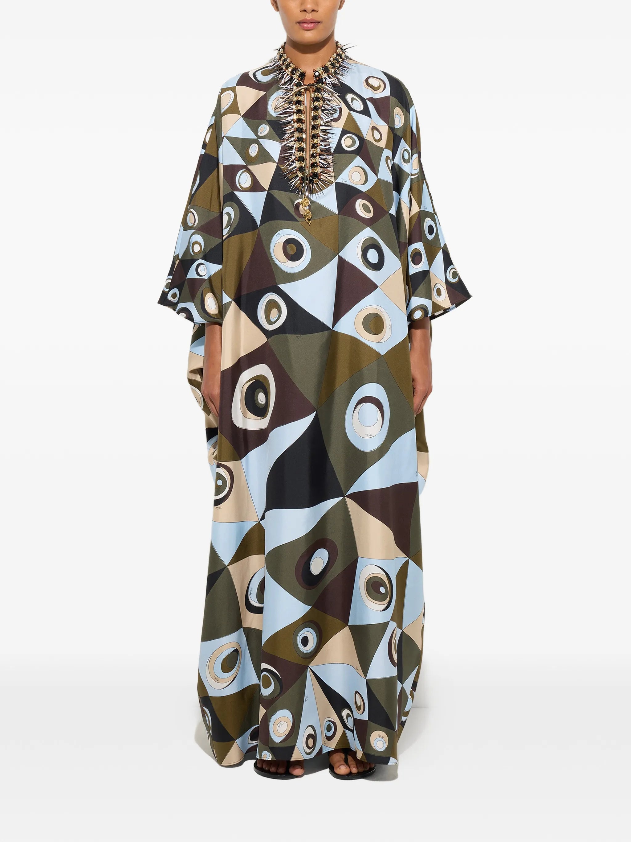 Occhi print silk kaftan with embroidery