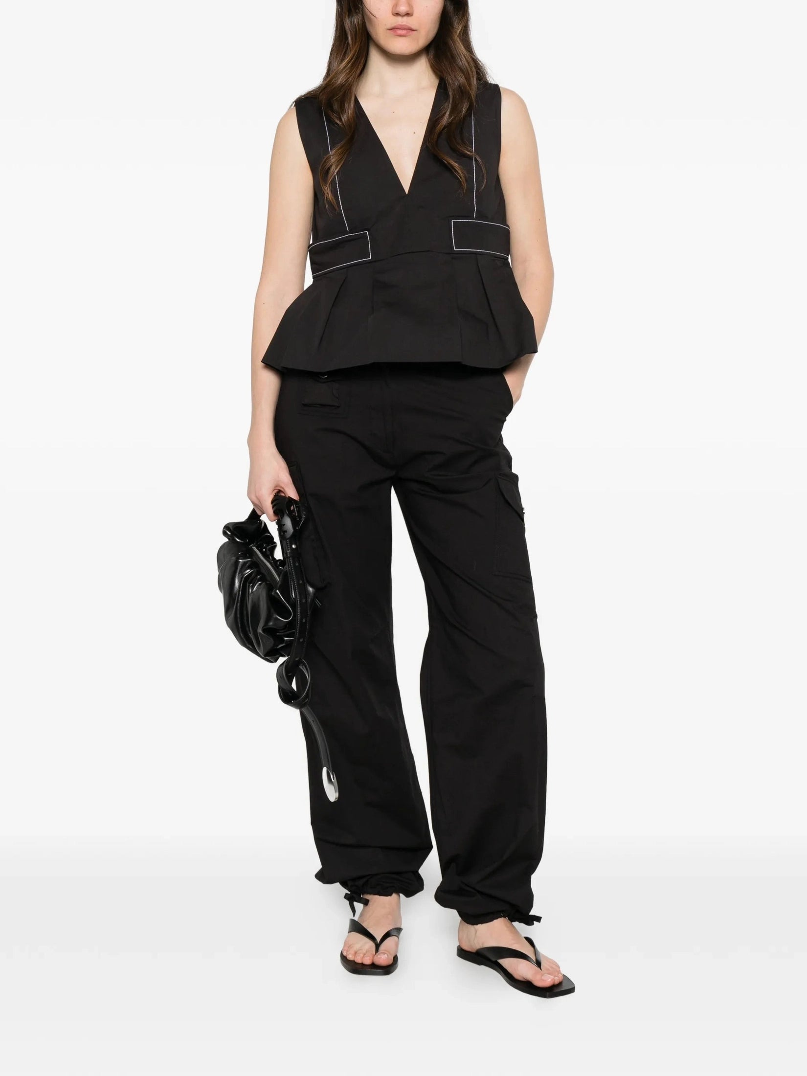 Stretch cotton v-neck pocket blouse