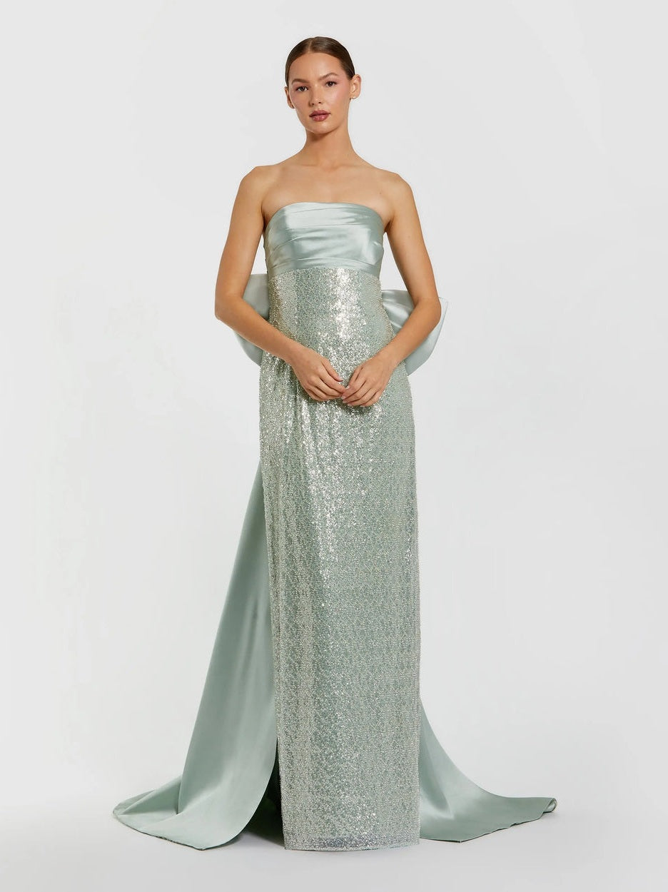 Green strapless embellished gown with back bow detail