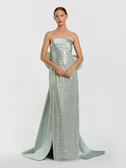 Green strapless embellished gown with back bow detail
