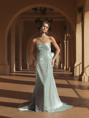Green strapless embellished gown with back bow detail