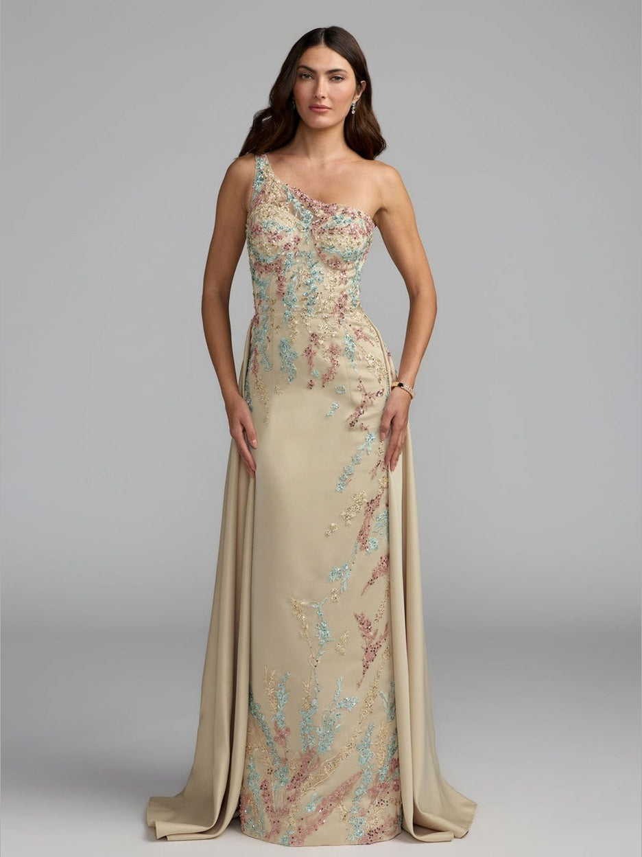 Beige one-shoulder embellished gown with train