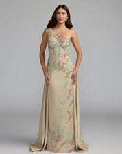BEIGE ONE-SHOULDER EMBELLISHED GOWN WITH TRAIN