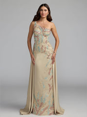 Beige one-shoulder embellished gown with train