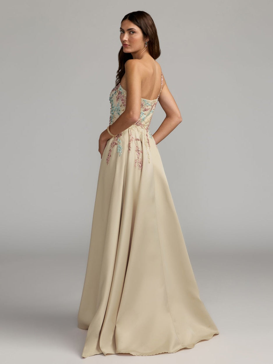 Beige one-shoulder embellished gown with train