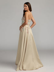 Beige one-shoulder embellished gown with train
