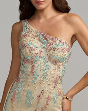 BEIGE ONE-SHOULDER EMBELLISHED GOWN WITH TRAIN