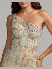 Beige one-shoulder embellished gown with train
