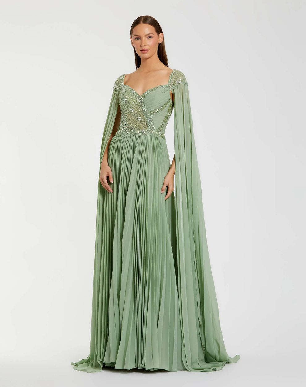Green embellished chiffon cape sleeve a-line gown