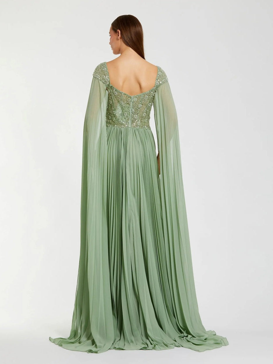Green embellished chiffon cape sleeve a-line gown
